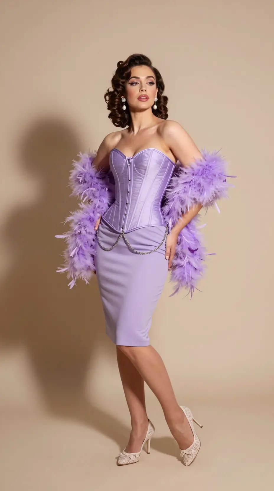 Femme glamour vintage posant en corset lavande et plumes