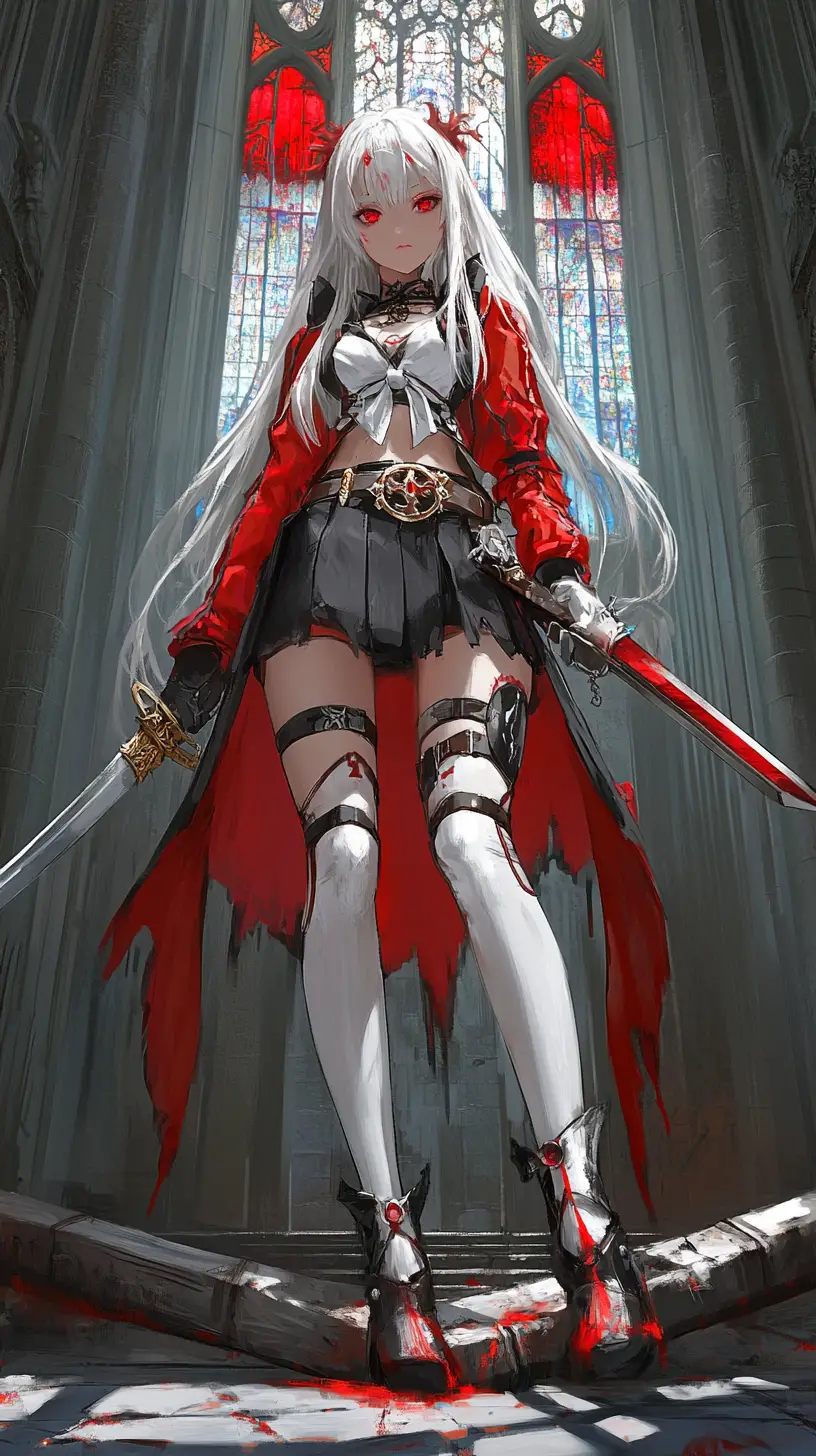 Anime girl with sword and braid in a dim grand hall