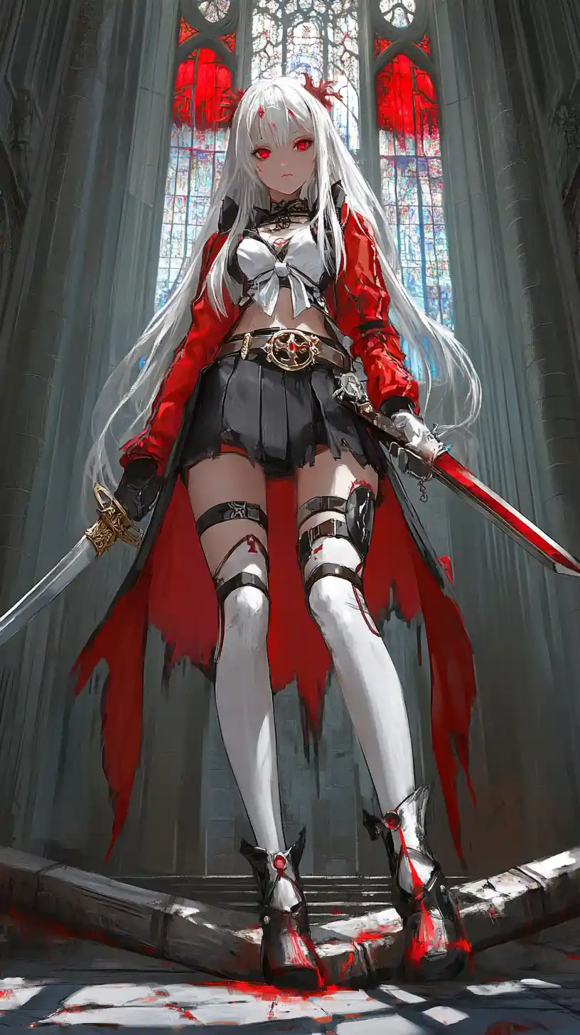 Anime girl with sword and braid in a dim grand hall