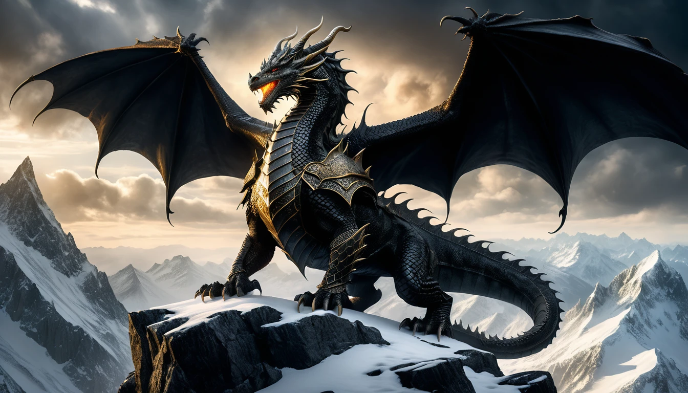 Ancient dragon king on a snowy mountain peak