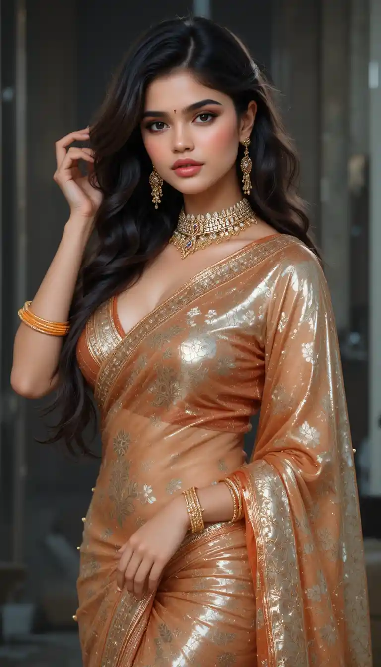 Woman in glossy Indian saree with jewelry posing vertically