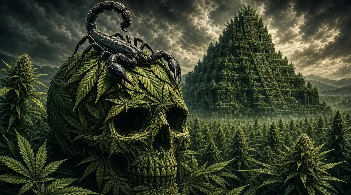Skull Of Marijuana Leaves With Scorpion In A Cannabis Field