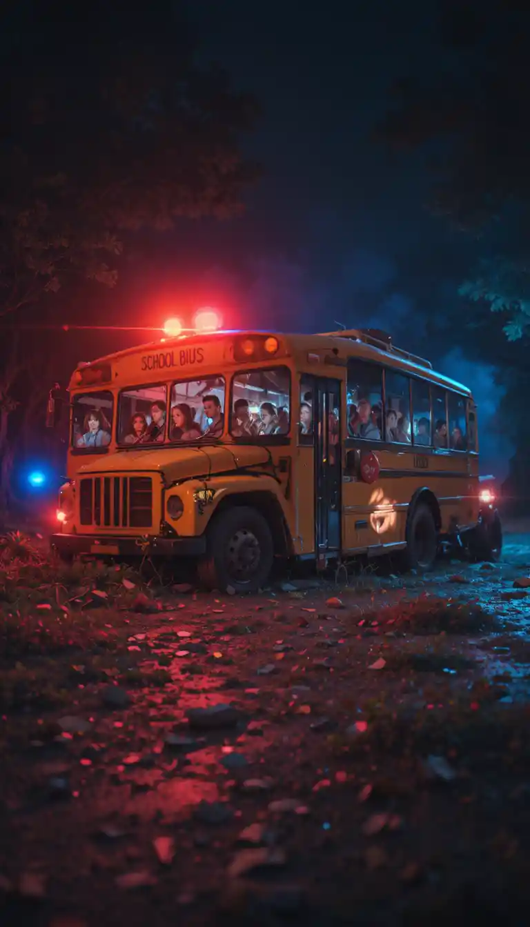 Night crash scene with yellow school bus and police lights