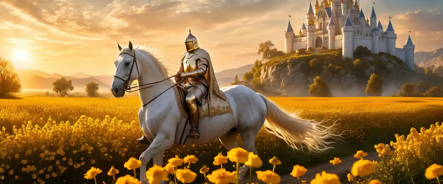 Knight On White Warhorse At Sunrise In Golden Field
