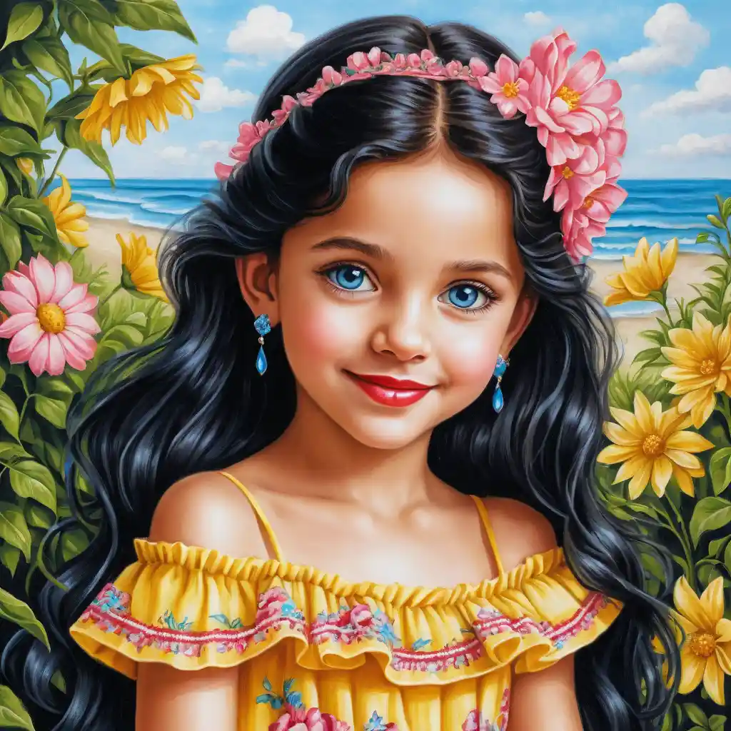 Smiling long haired girl in a yellow floral summer dress