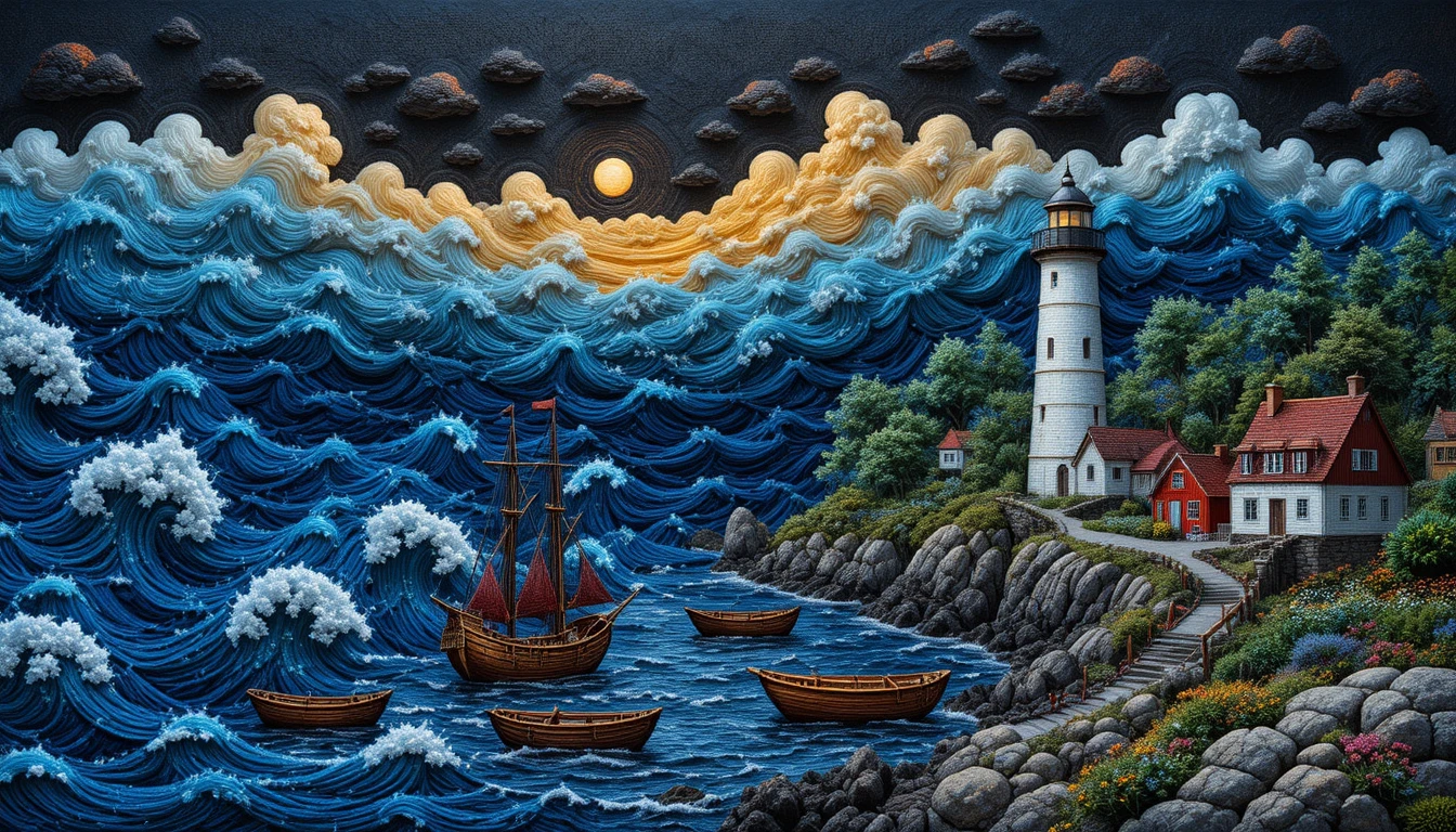 Embroidery Lighthouse Above Harbor With Boats And Cottages
