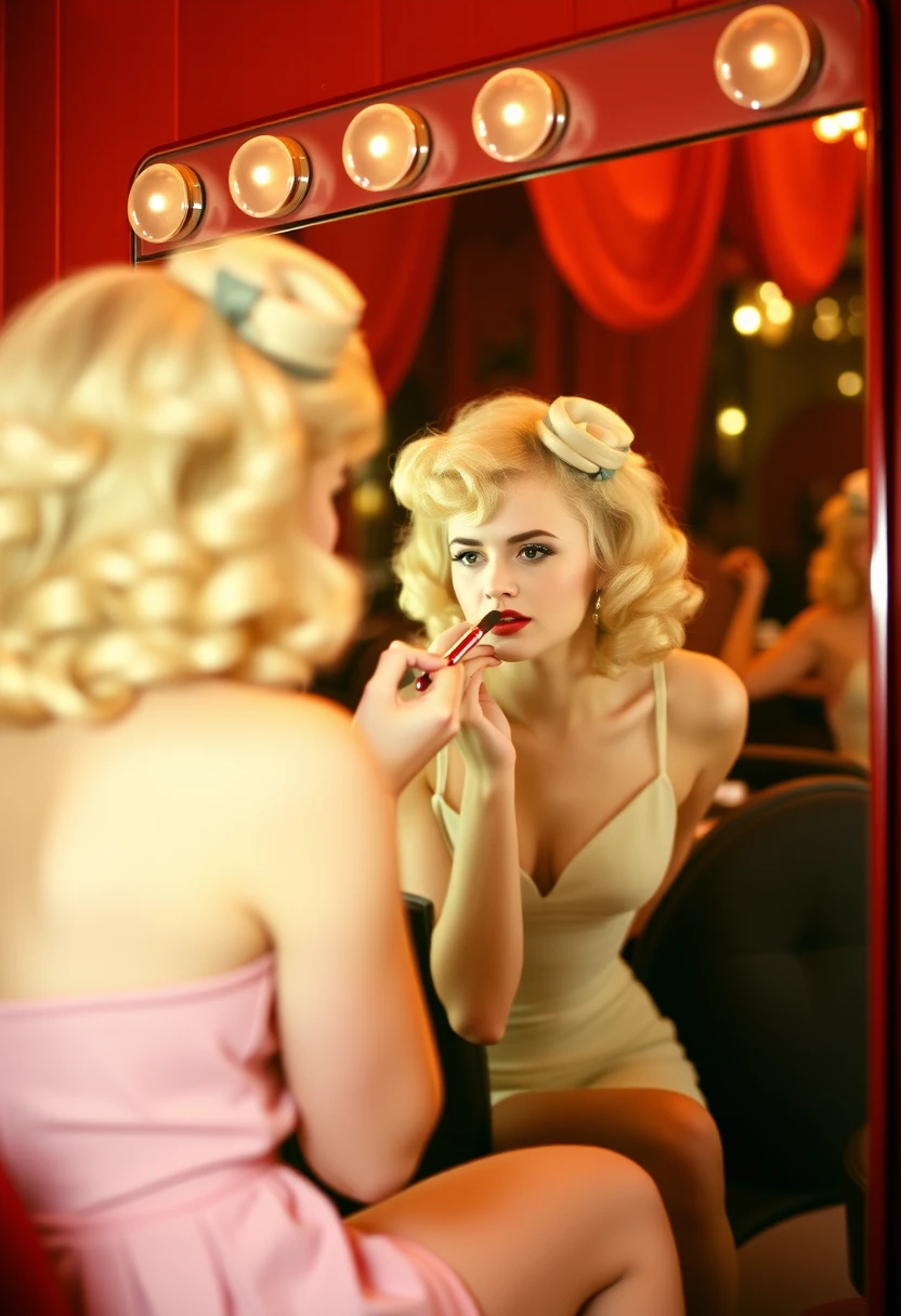 Blonde Cabaret Performer Applying Lipstick In Backstage Mirror