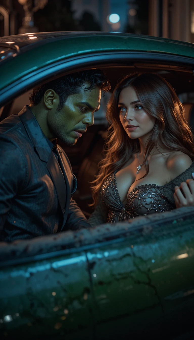 Seductive woman by luxury car in tense night meeting