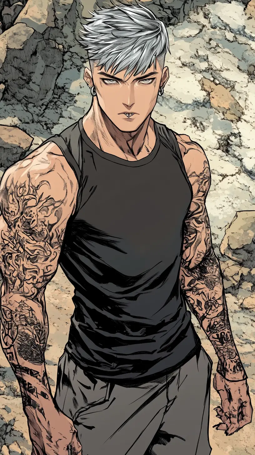 Tall muscular man in manhwa style against rocky cliffs