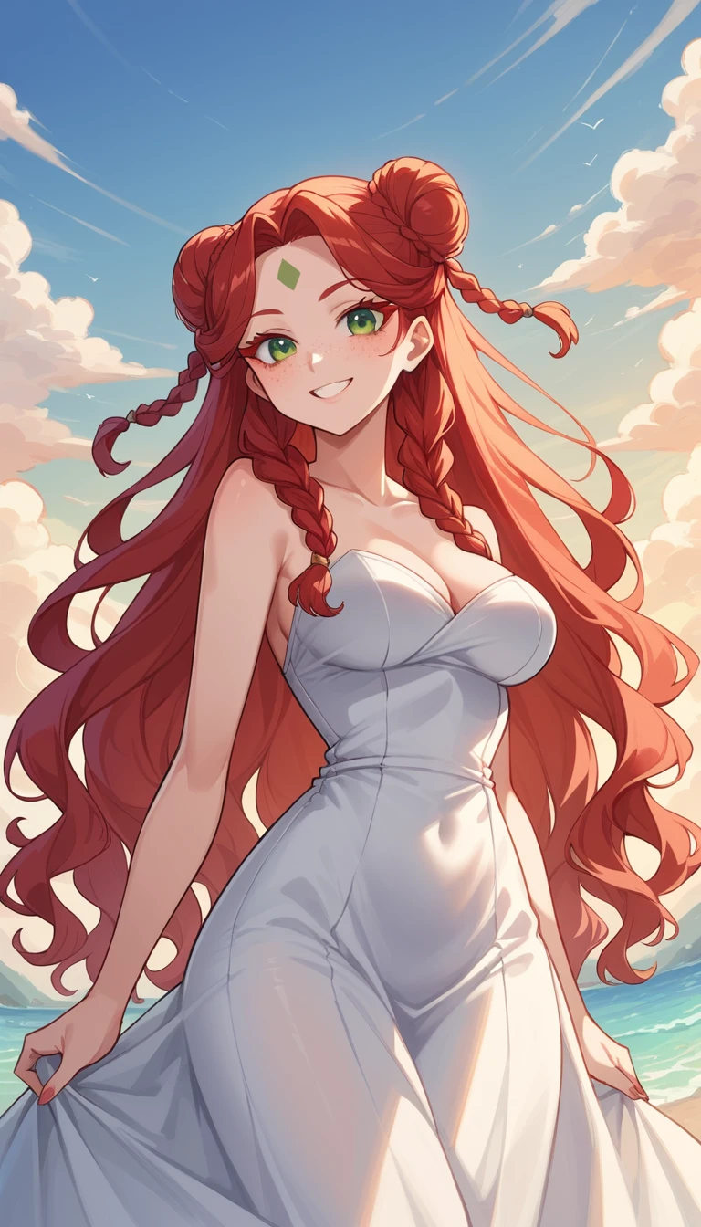 Cheerful anime girl standing outdoors at sunrise