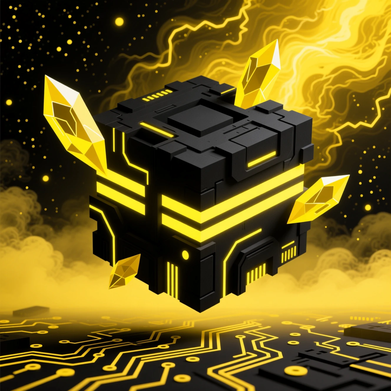 Gigantic cybernetic cube glowing with yellow neon in space