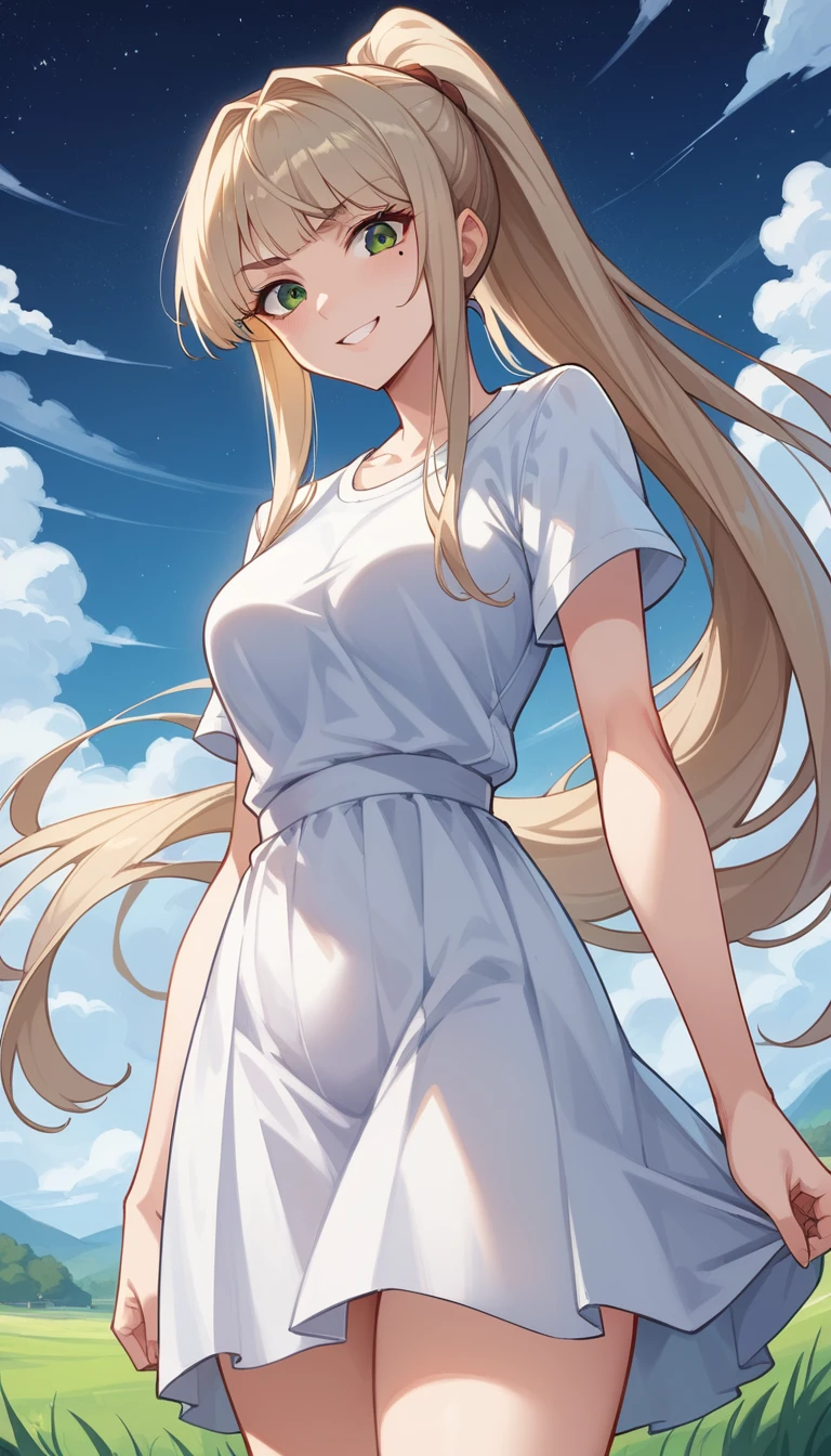 Tall anime girl in athleisure under a starry night sky