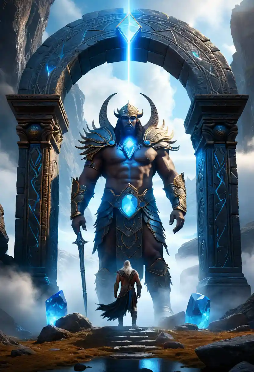 Giant fantasy guardian before an ancient magical portal