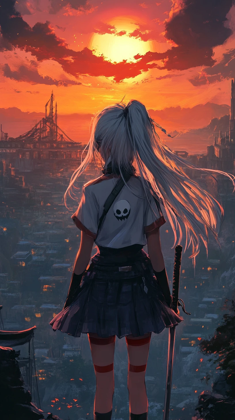 Fantasy girl watching a sunset over a modern castle
