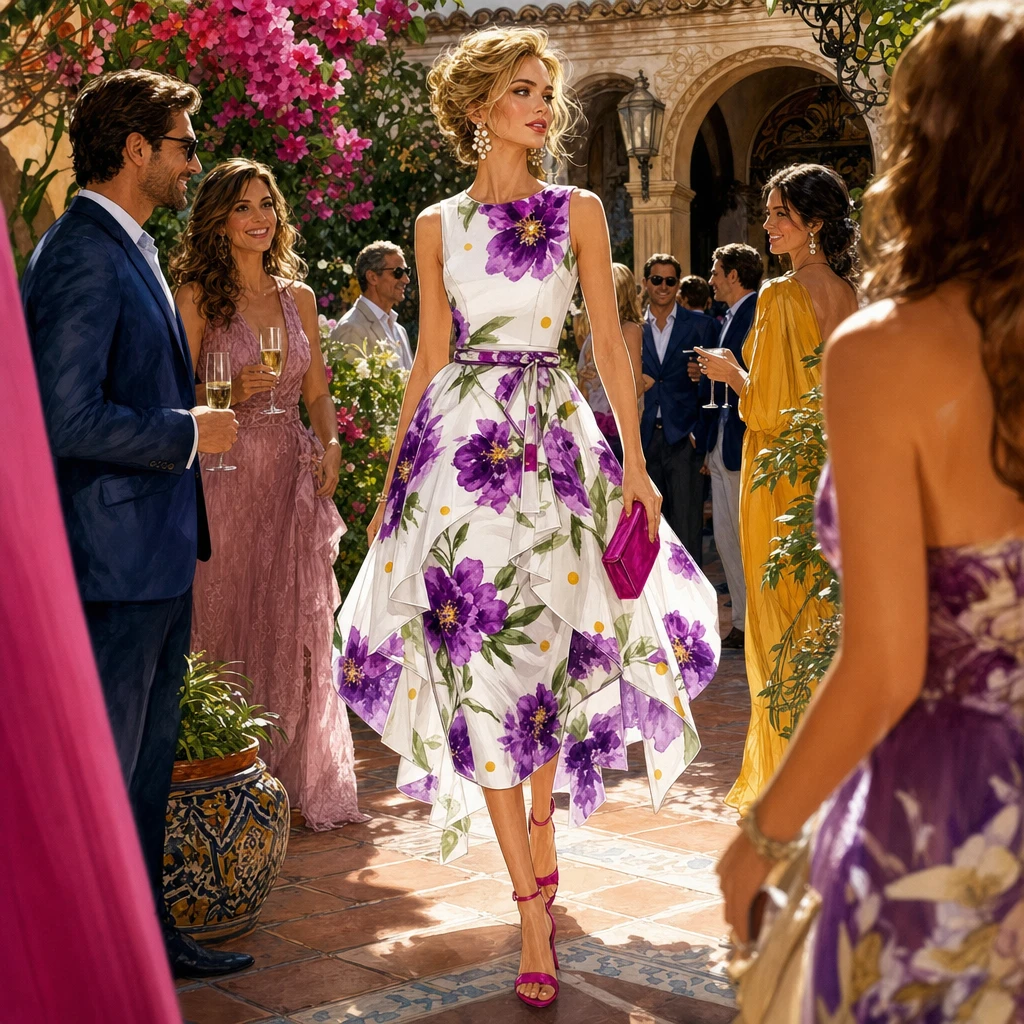 Elegant blonde woman in floral dress entering garden party