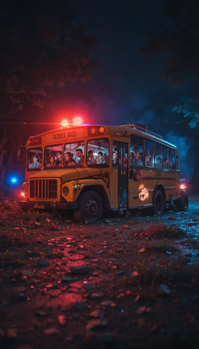 Night crash scene with yellow school bus and police lights