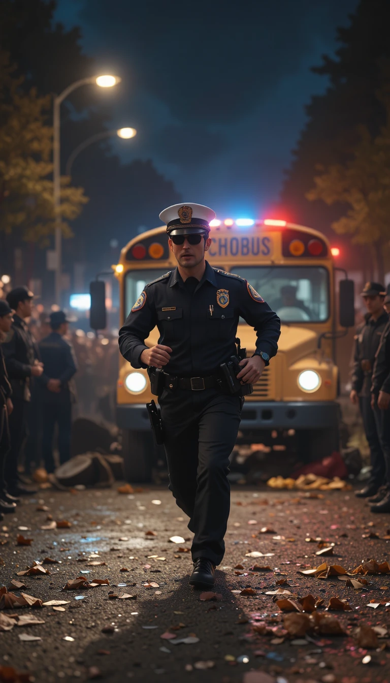 Police officer running toward crashed school bus at night