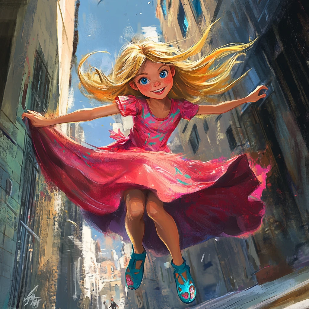 Golden haired girl leaping in a fuchsia dress on street