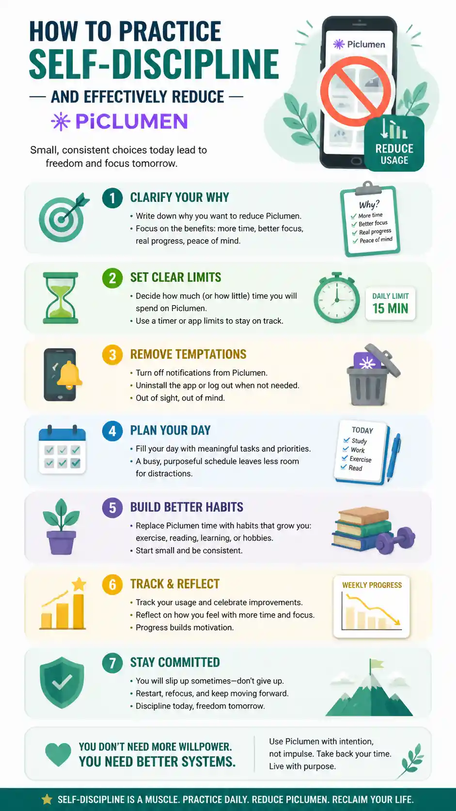 Infographic On Practicing Self Discipline To Reduce Piclumen Use