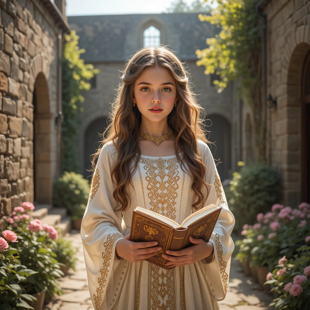 Young medieval girl reading in a sunlit stone courtyard