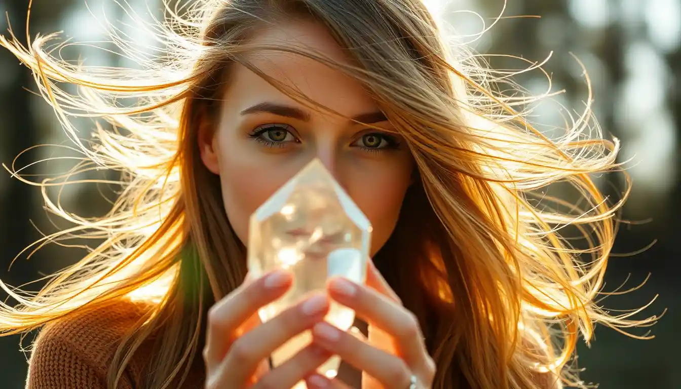 Young woman hair blowing as she gazes at a crystal