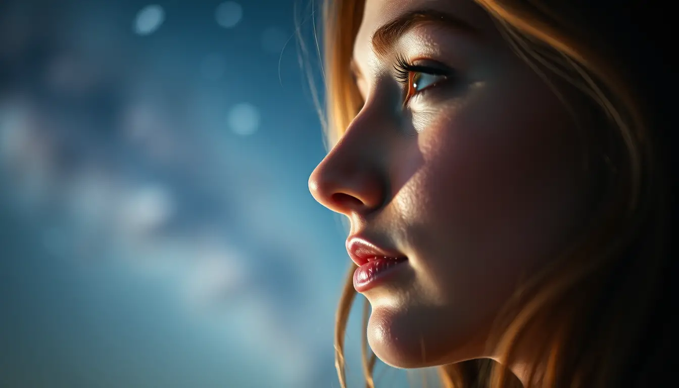 Young woman in profile against a silent starfield