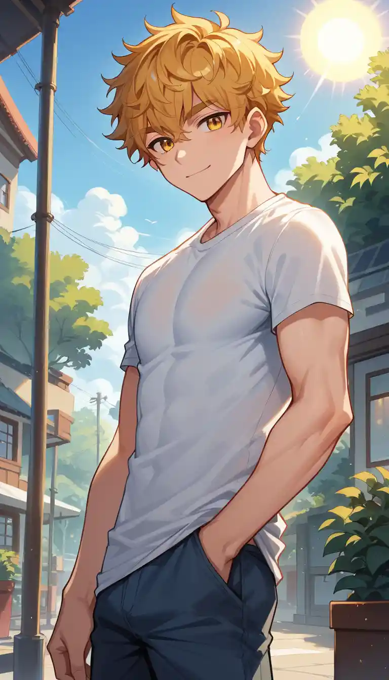 Tall anime man standing outdoors at sunrise