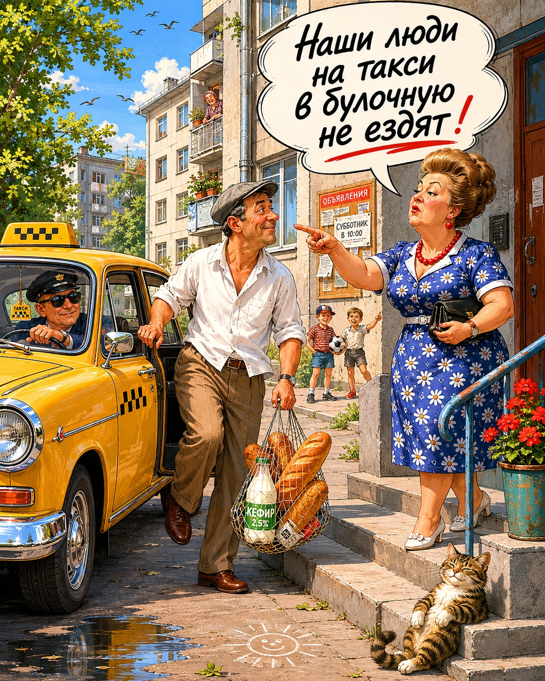 Humorous taxi arrival at a Soviet style apartment entrance