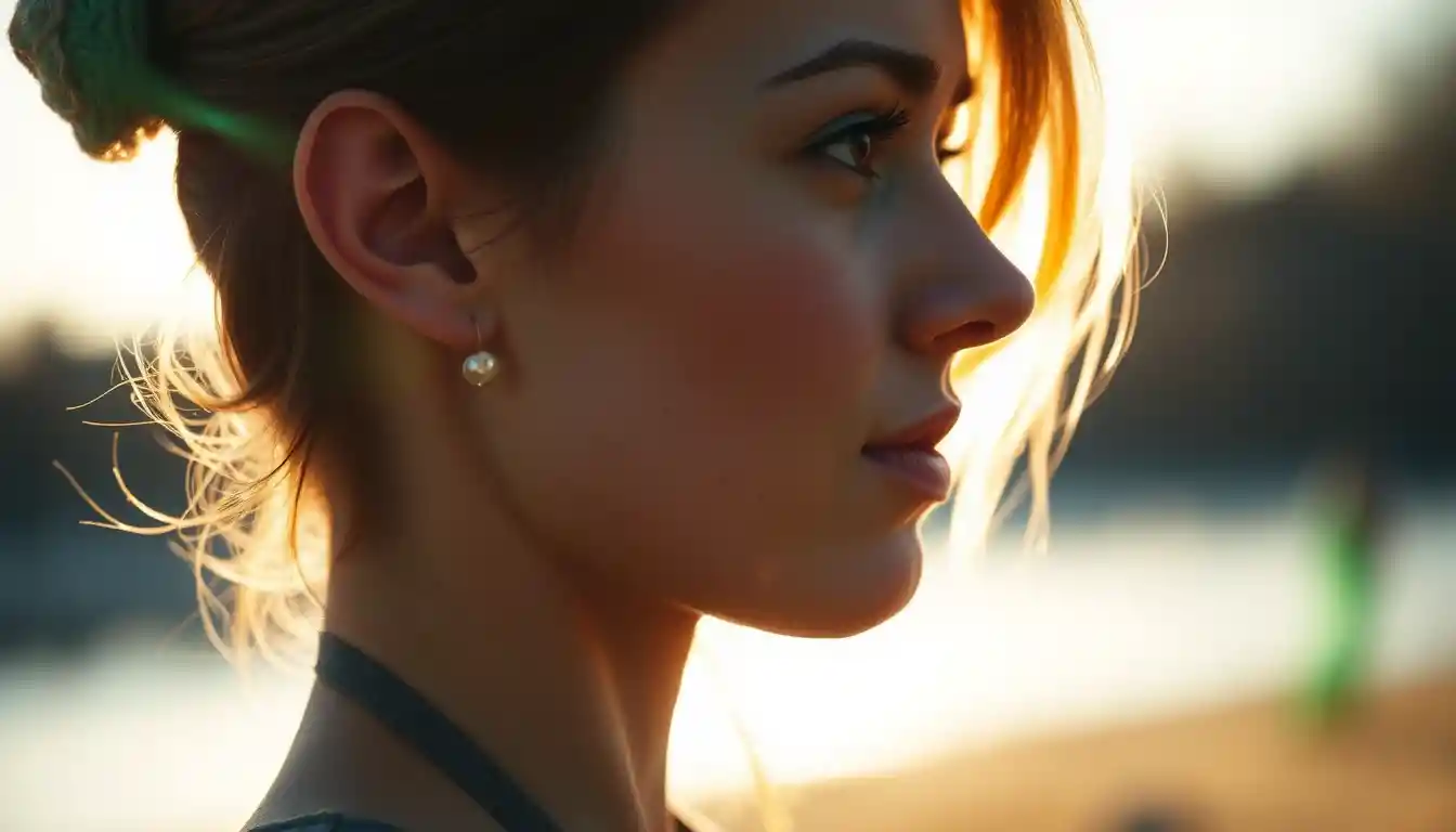 Young woman profile close up in soft glowing light
