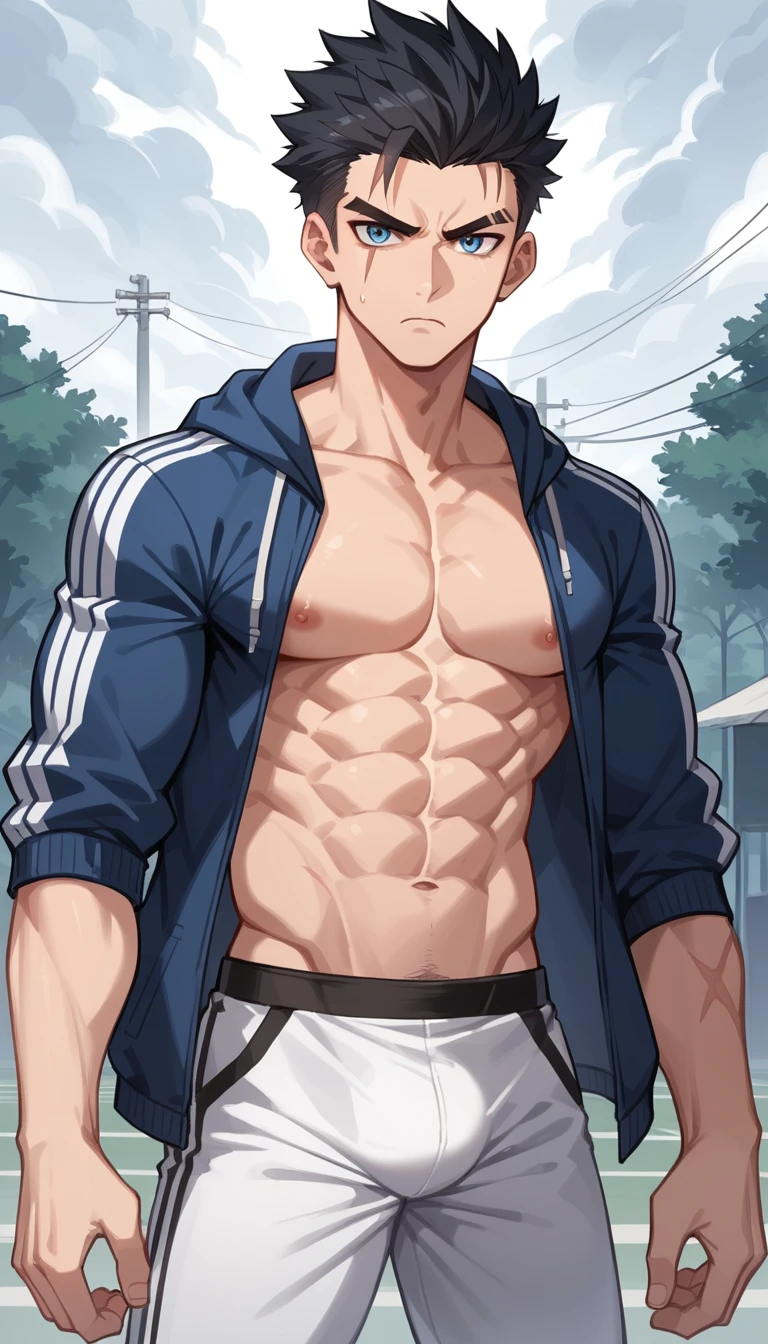 Tall muscular man in anime style under stormy lightning sky
