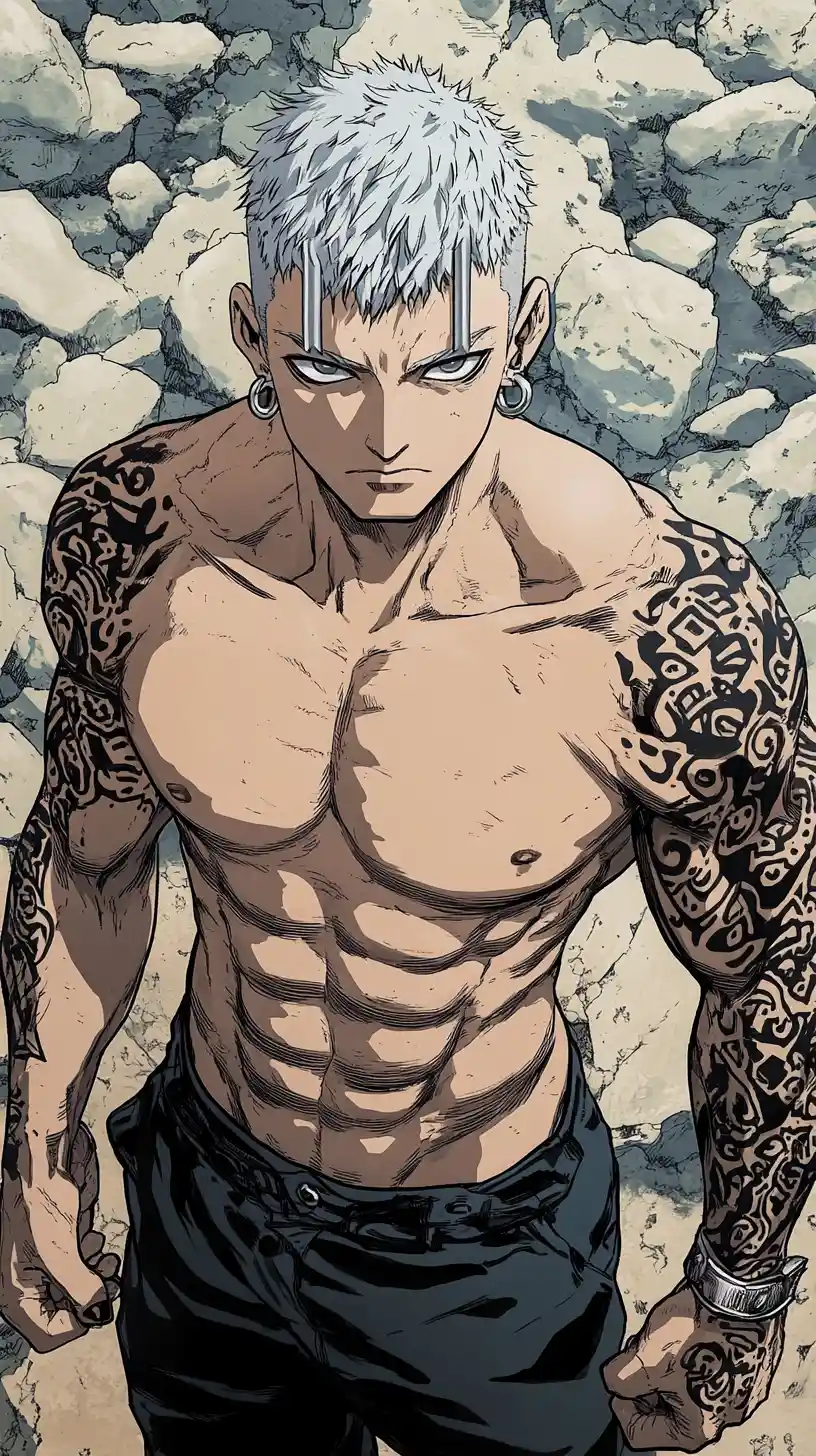 Muscular silver haired man in grunge streetwear among rocks