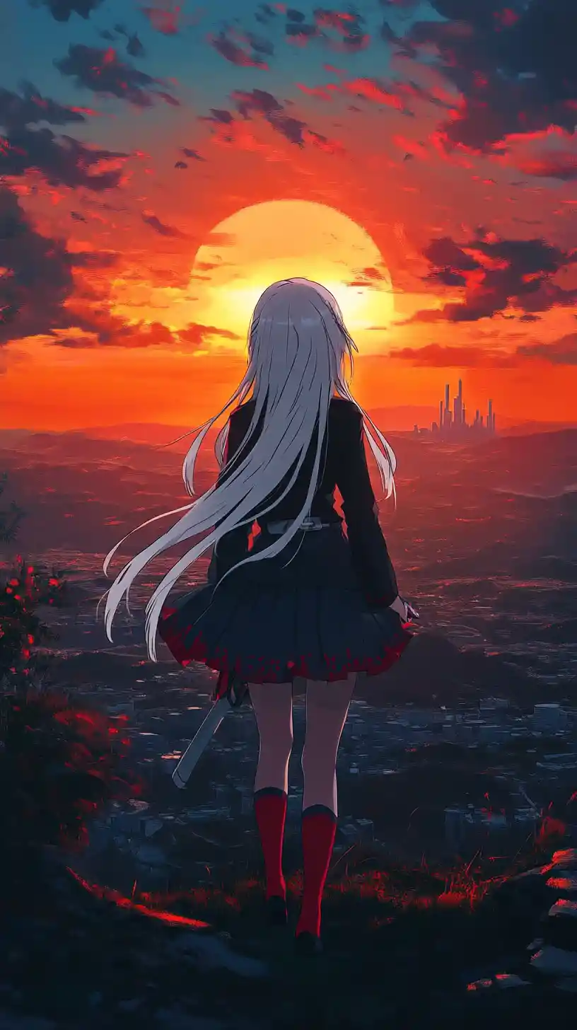 Anime girl watching the sunset before a distant modern castle