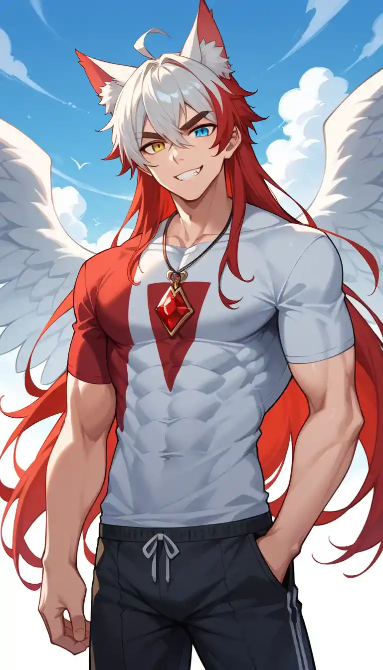 Tall muscular anime man with split hair and heterochromia