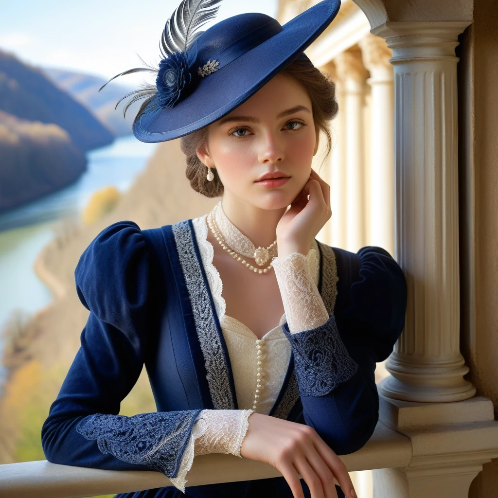 Young woman in victorian dress on a marble balcony
