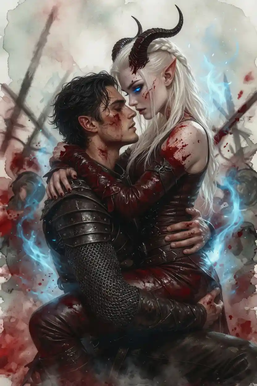 Passionate embrace between a tiefling woman and her lover