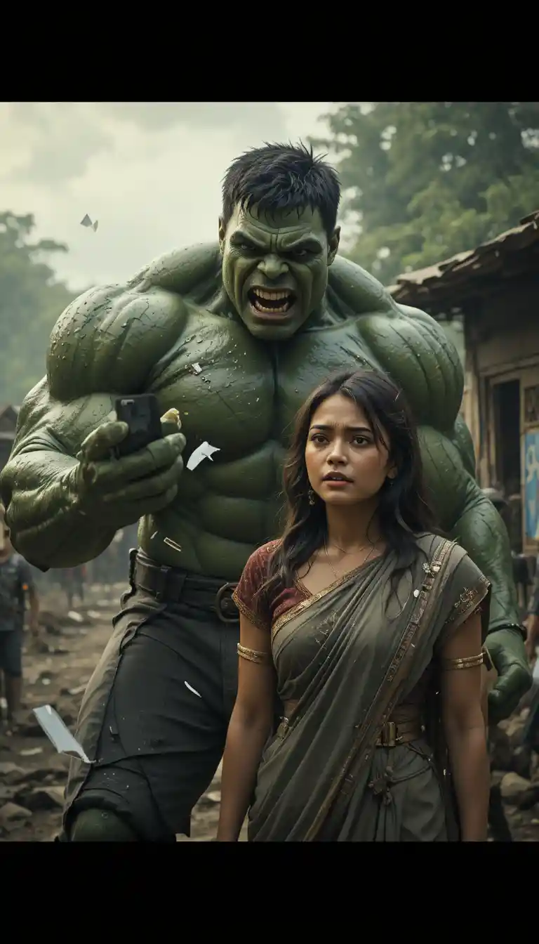 Angry green giant with woman in emotional village scene