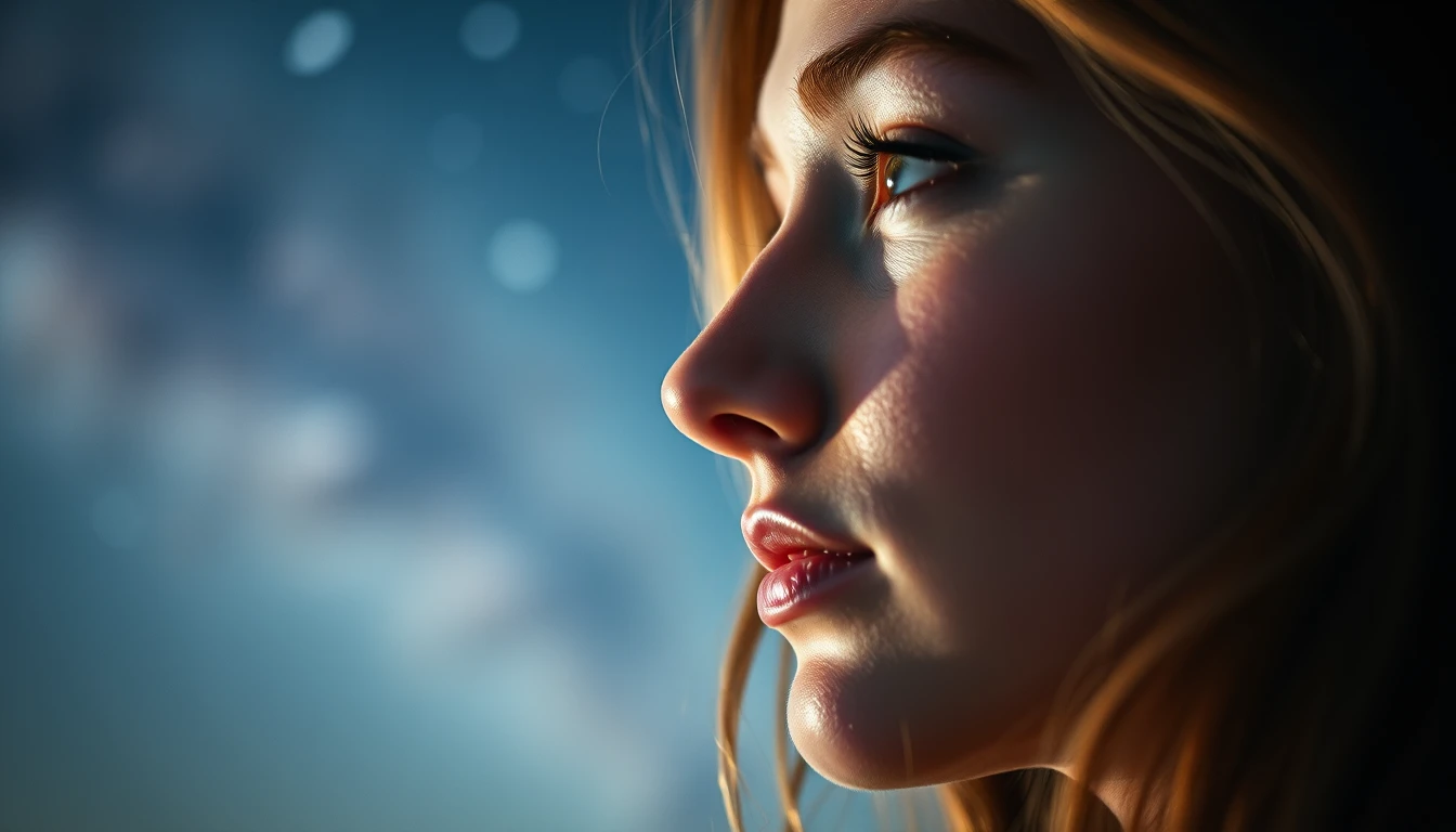 Young woman in profile against a silent starfield
