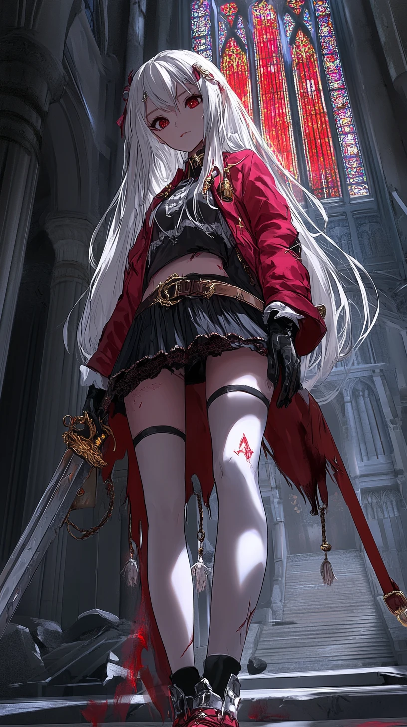 White haired fantasy girl with sword in grand hall