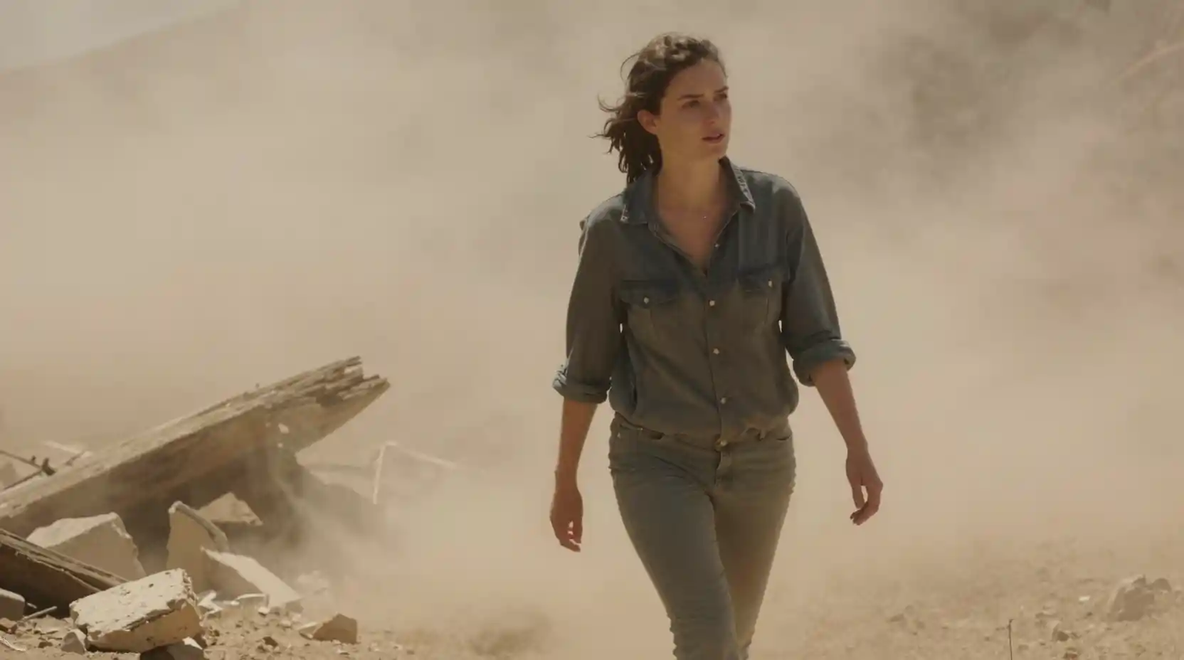 Young woman walking through thick dust after collapse