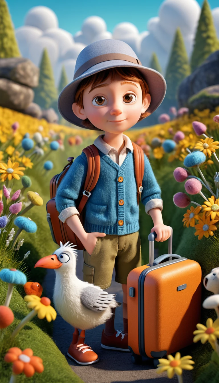 Cute 3D childlike tech heroine with colorful animal friends