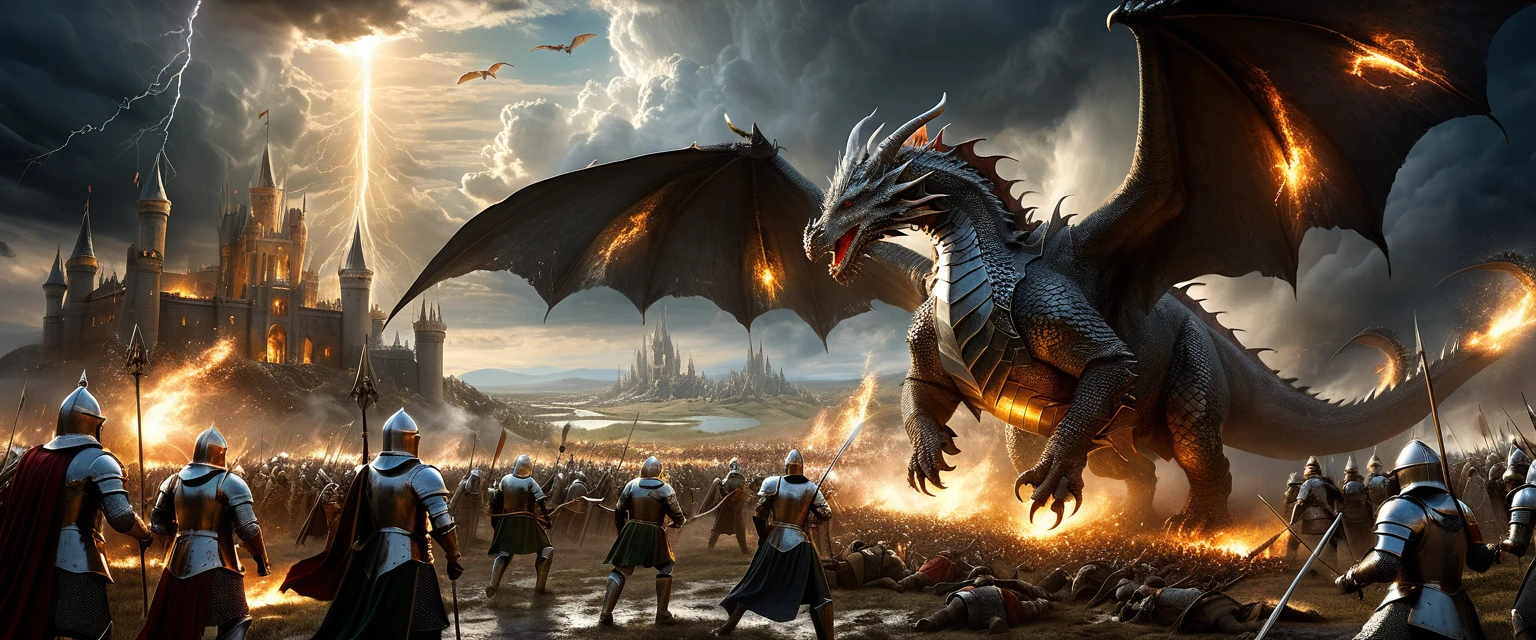 Epico campo di battaglia fantasy con cavalieri, draghi e maghi