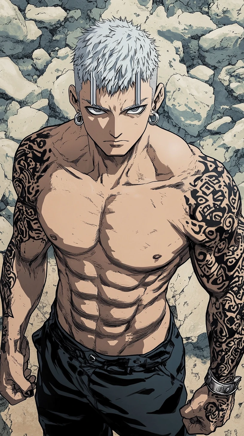 Muscular silver haired man in grunge streetwear among rocks