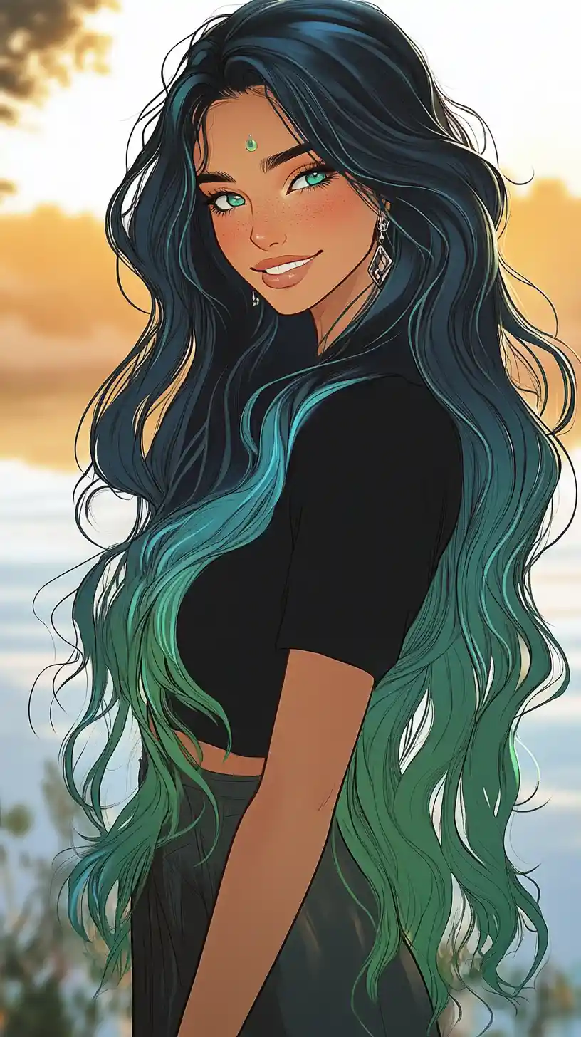 Elegant woman with long blue black hair by the water