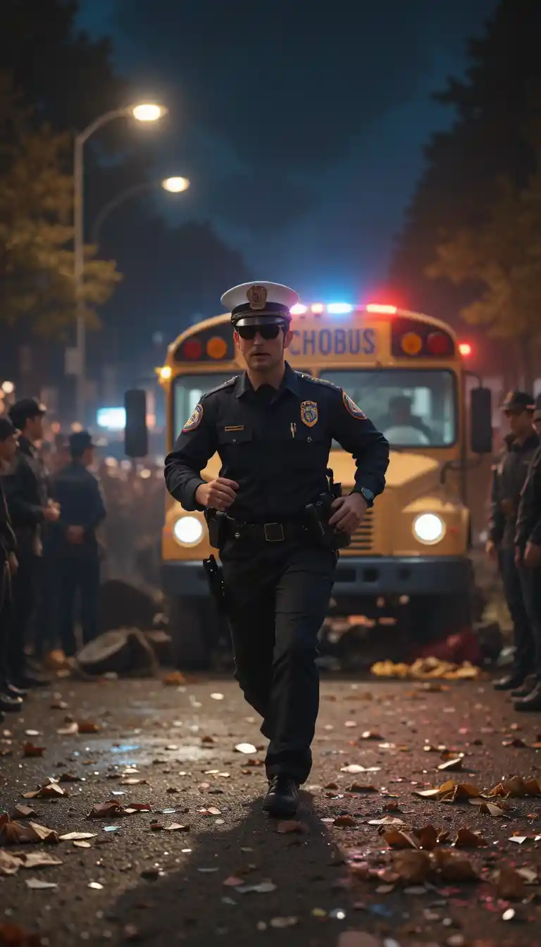 Police officer running toward crashed school bus at night