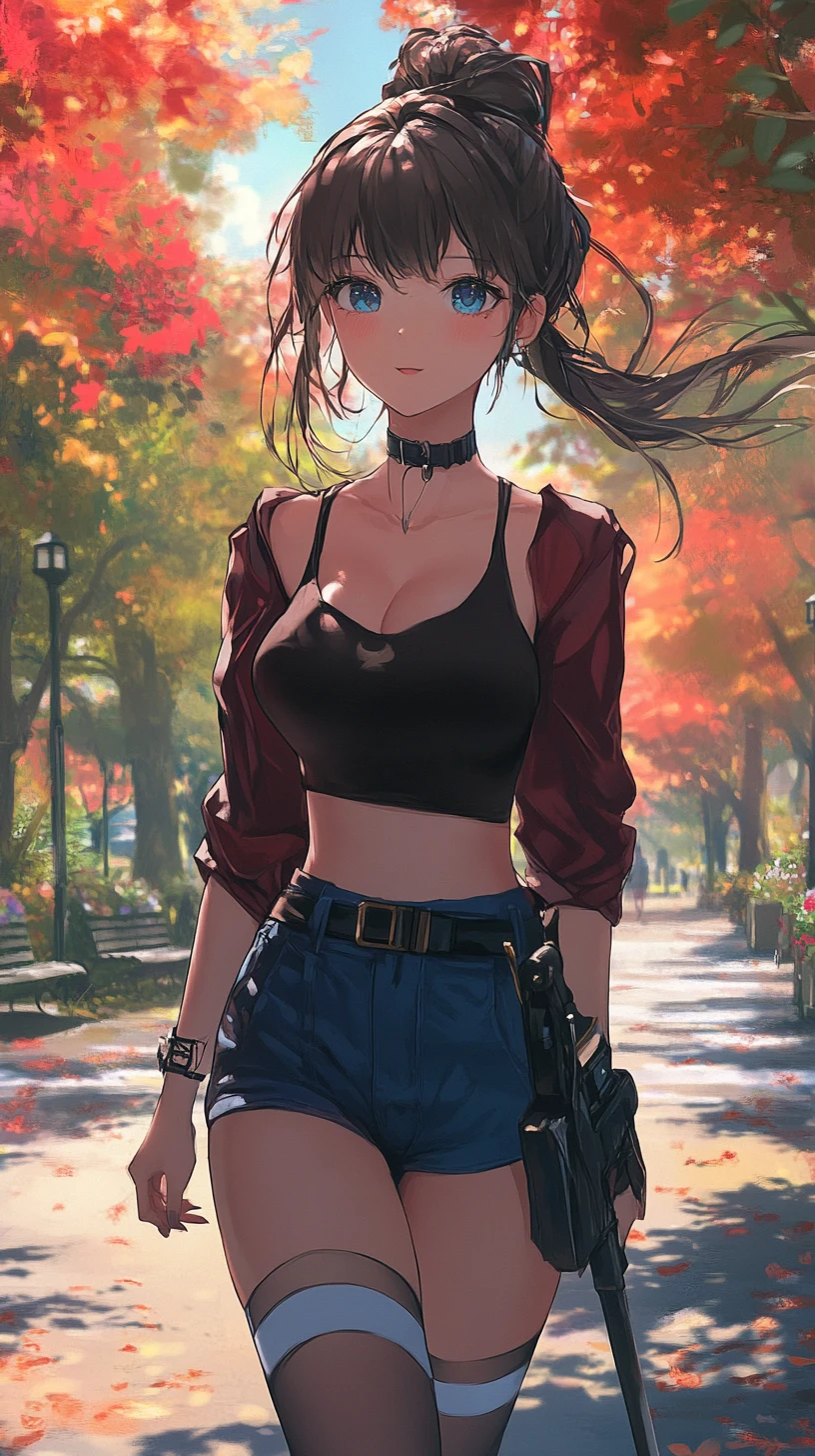 Anime girl running through a red leaf city park at dawn