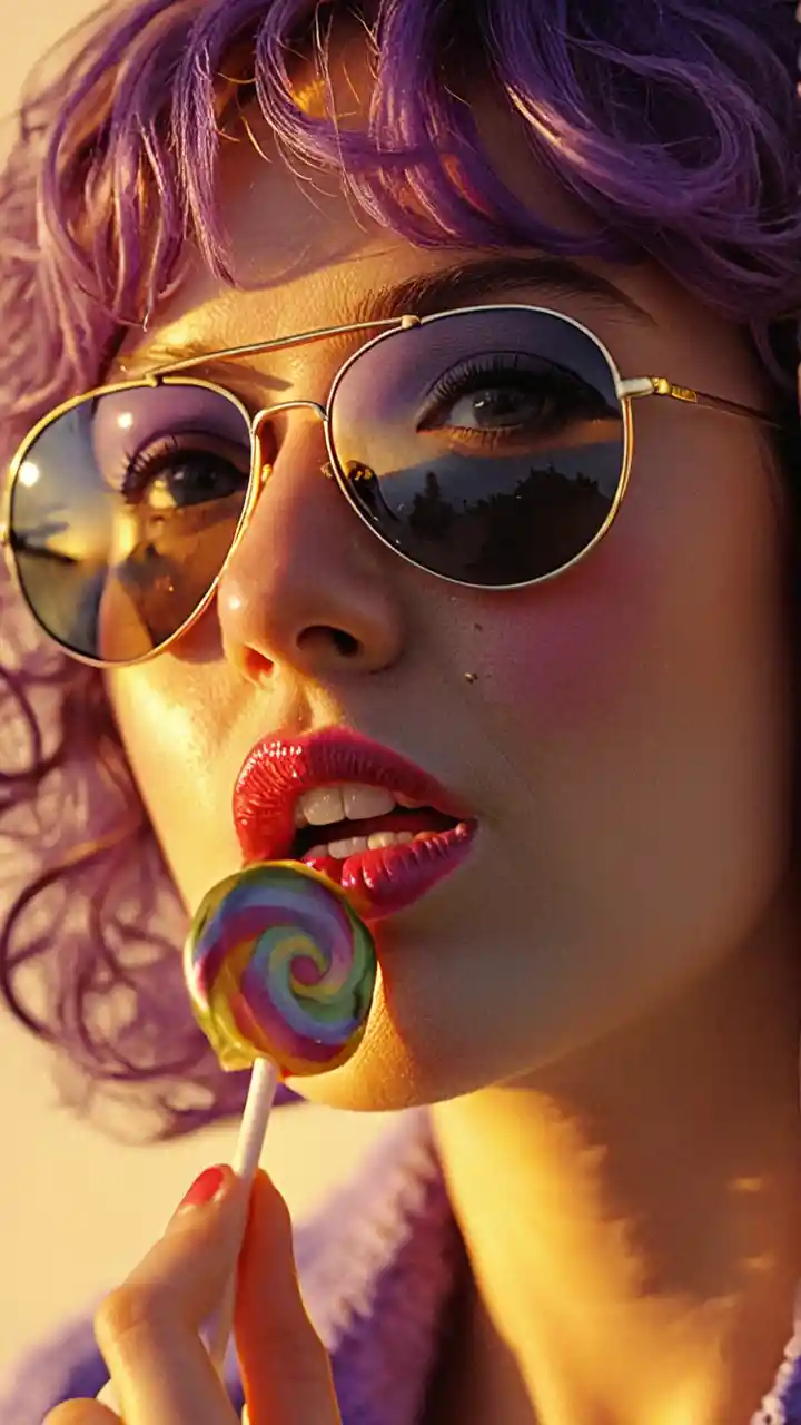 Close up girl with purple hair and rainbow lollipop