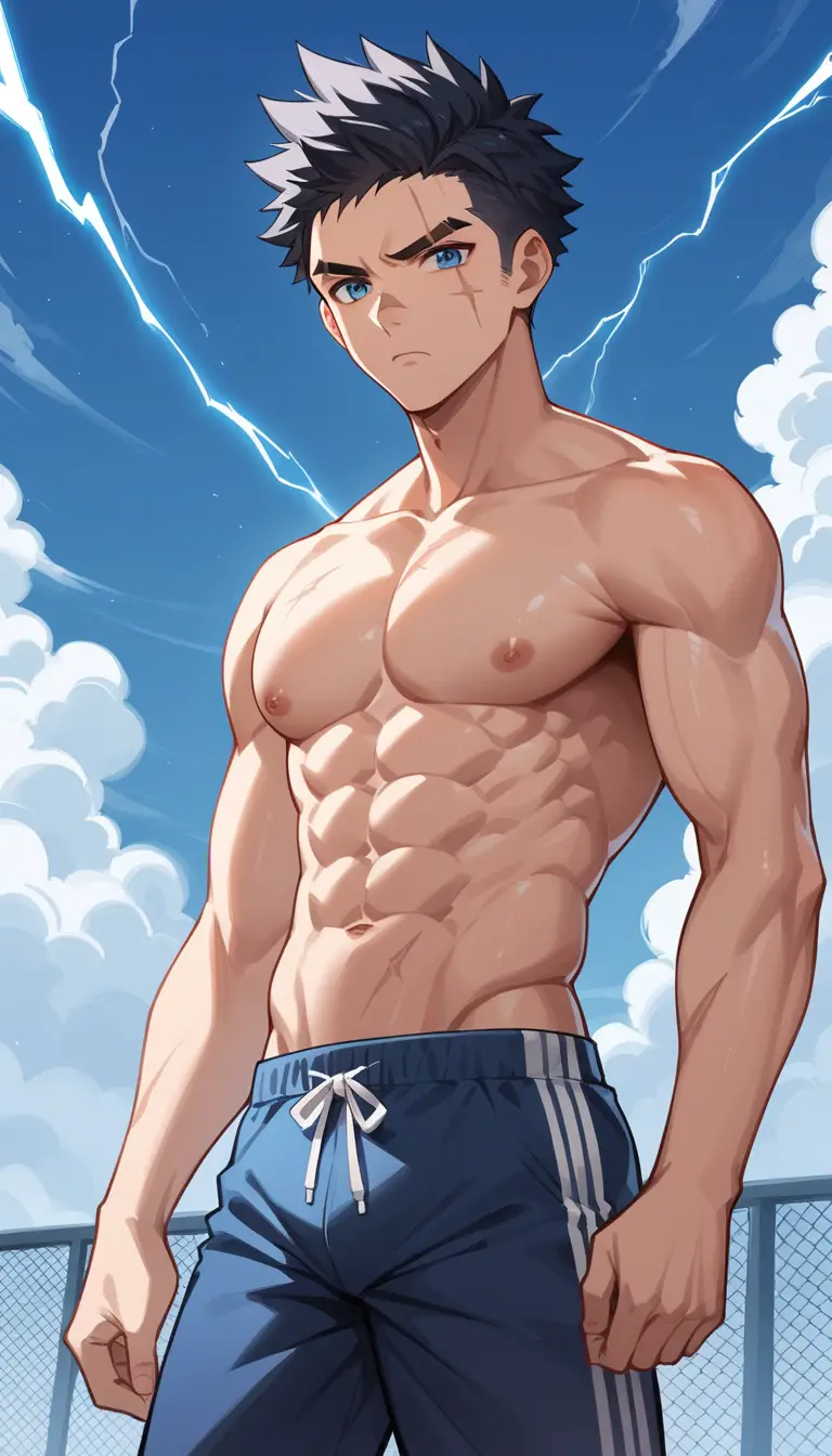 Muscular anime man standing outdoors in stormy lightning