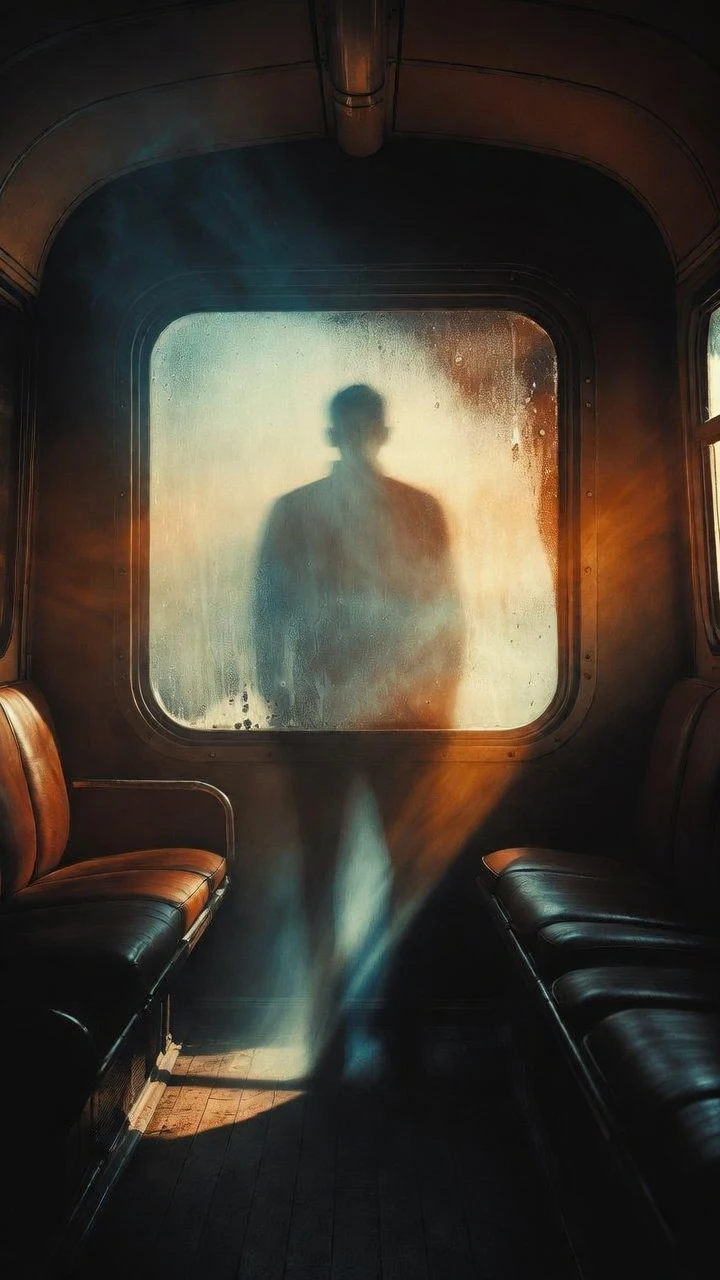 Ghostly silhouette in vintage subway car behind foggy glass