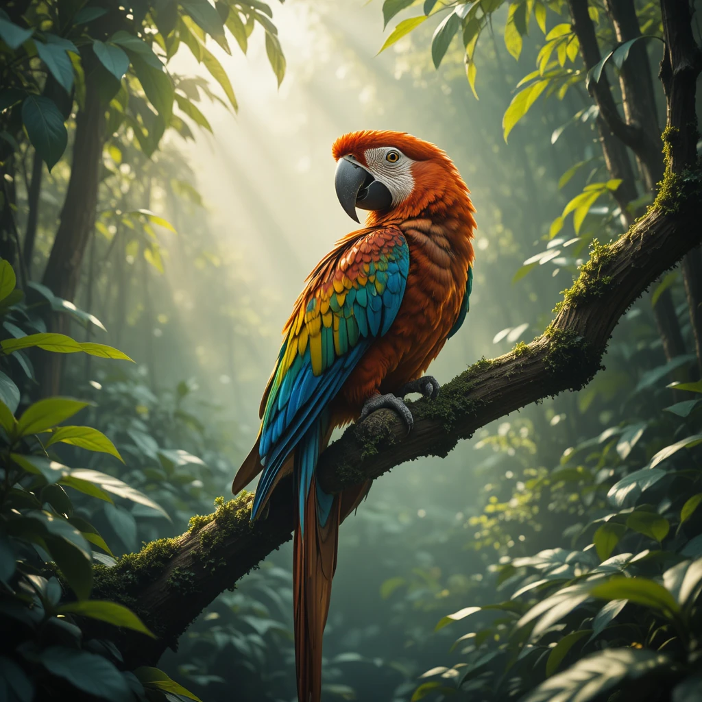 Colorful exotic bird on a jungle branch in sunlight