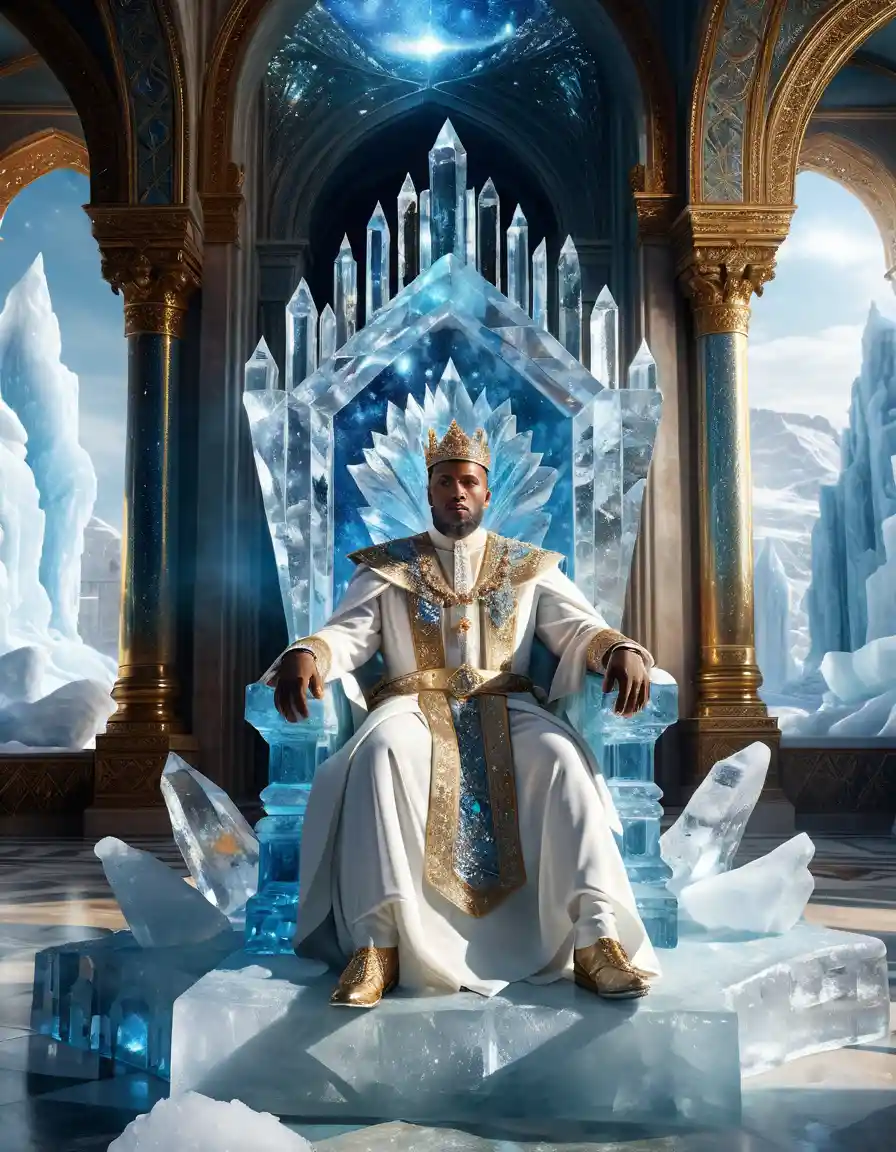 Fantasy king on crystal throne in vast ice palace